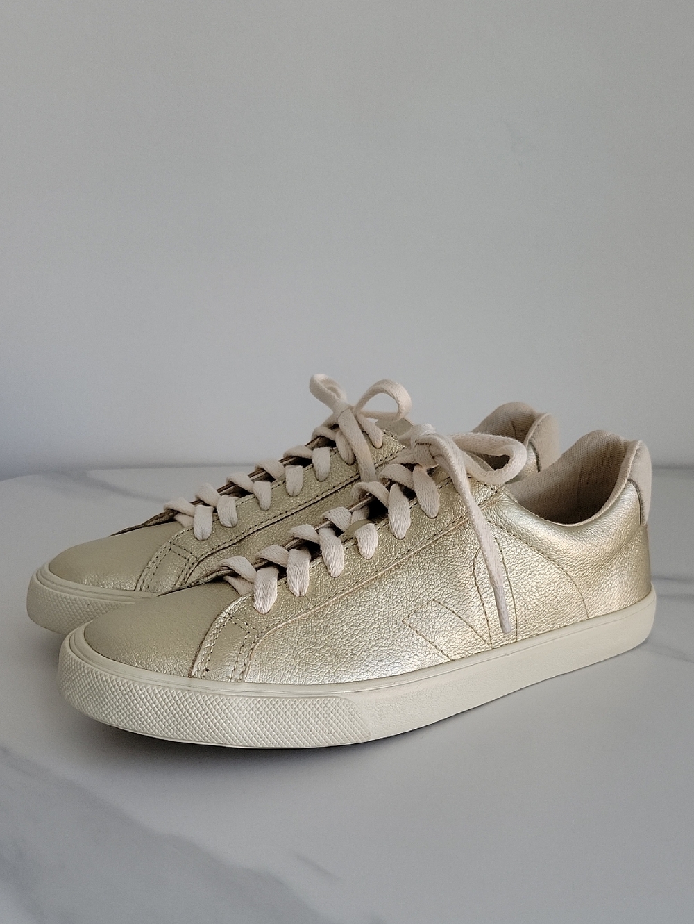 Veja Gold Leather Lace-up Tennis Shoes